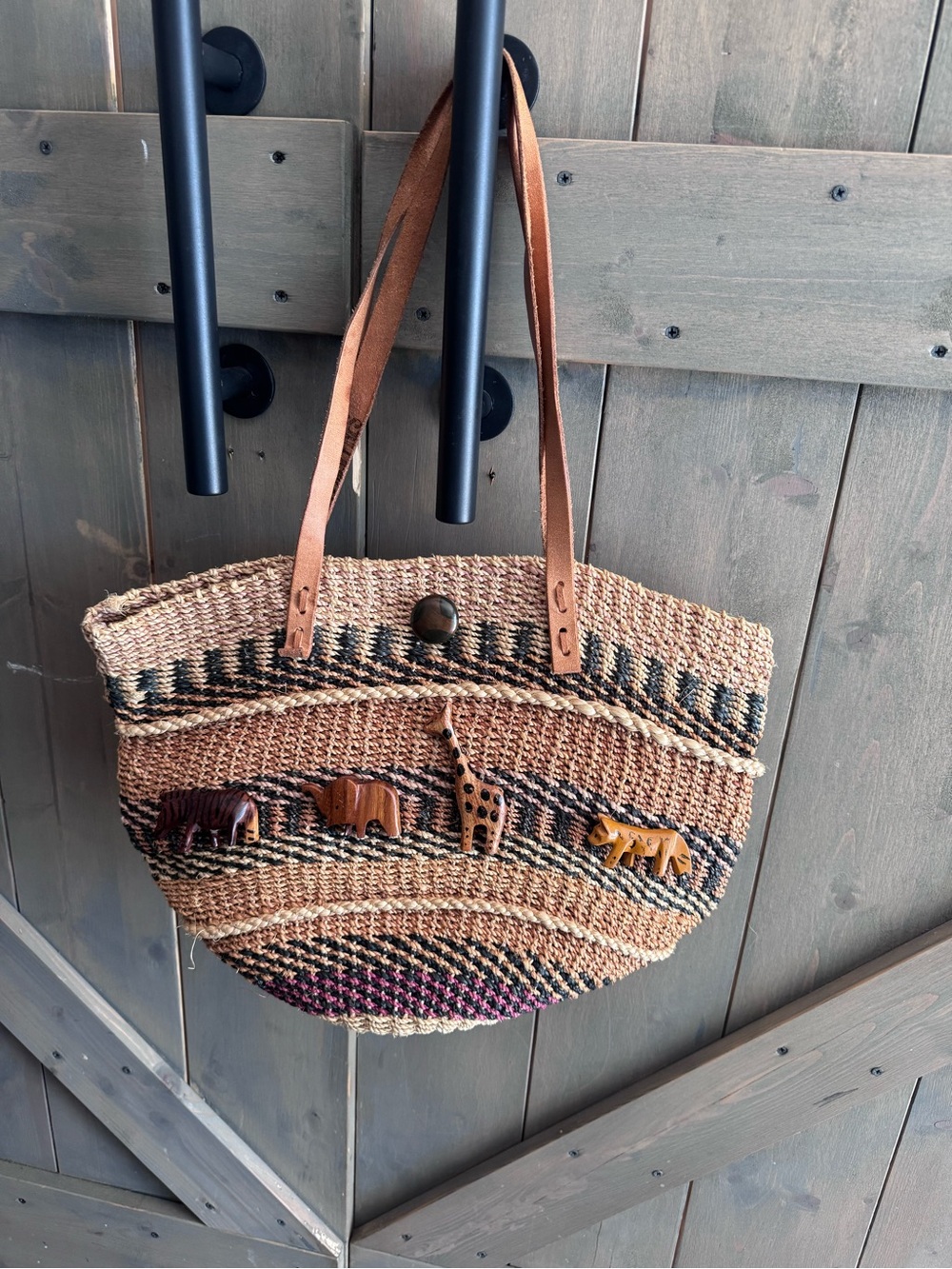 Vintage 90s Woven Straw Tote Bag with Animal Accents - Brown